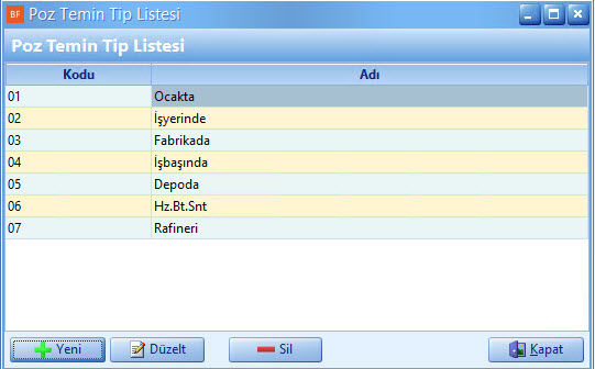 Poz Temin Tipi Listesi